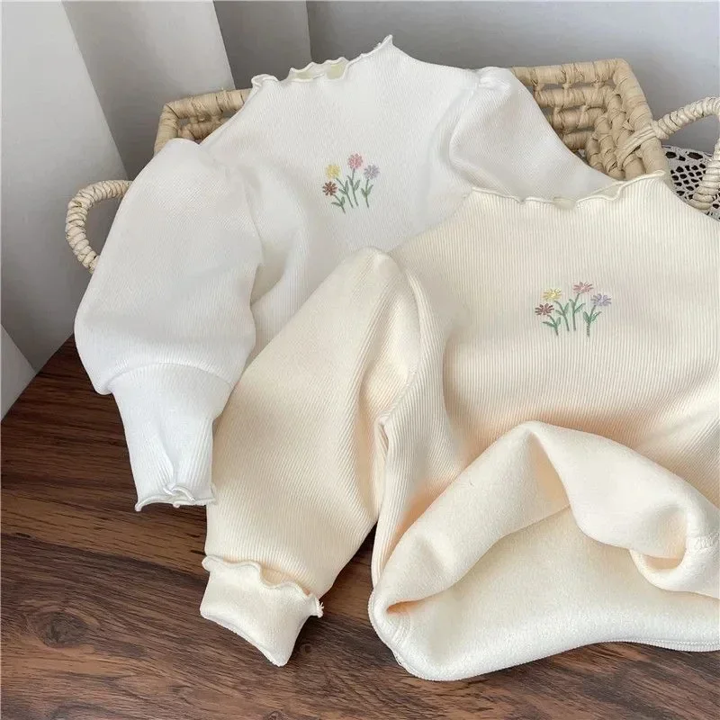 Girls Warm Thicken Pullover 1-6 Years Children Plush Half High Collar Top Autumn Winter Girl Embroidered Knitted T-shirts