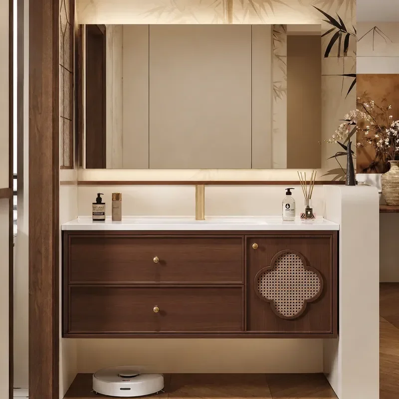 Song Style Aesthetics French Bathroom Cabinet Combination Antique Oak Washstand with Ceramic Integrated Basin