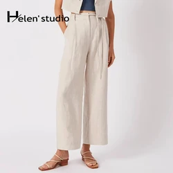 100% Linen Women Straight Trousers Spring Summer New Office Ladies Casual Loose Wide-Leg Pant Drape Cotton And Linen Suit Pants
