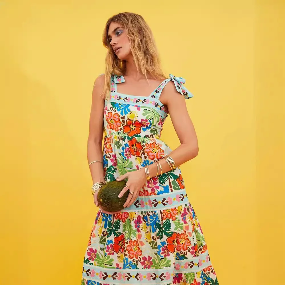 Verão 2025 cintura alta floral impressão feminina dr svel nel vestido de saia completa commute sle nuvem vermelha material de seda