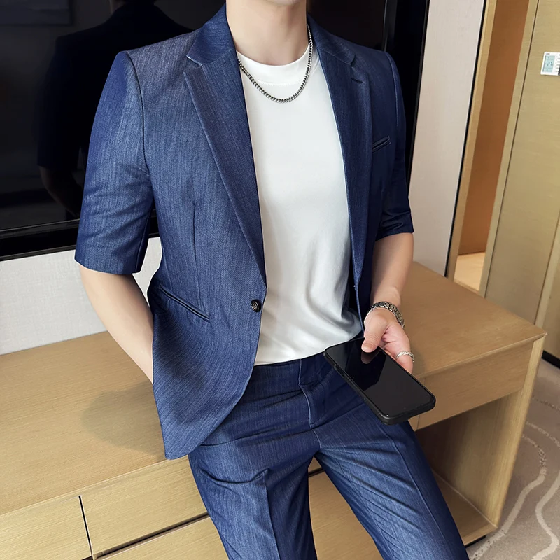 

2Pieces(Blazer Jackets + Suit Pants)Men Sets Quality Summer Thin Slim Fit Casual Men's Suit Coats Single Breasted Wedding Dress