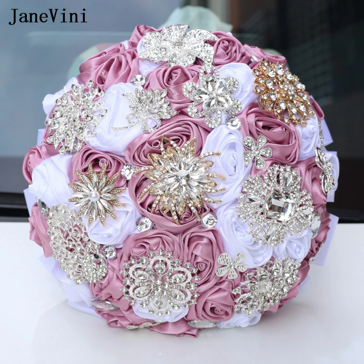 

JaneVini Stunning Diamond Jewelry Bridal Bouquets Artificial Dusty Purple Satin Roses Bride Wedding Bouquet Flowers Ramos Novia