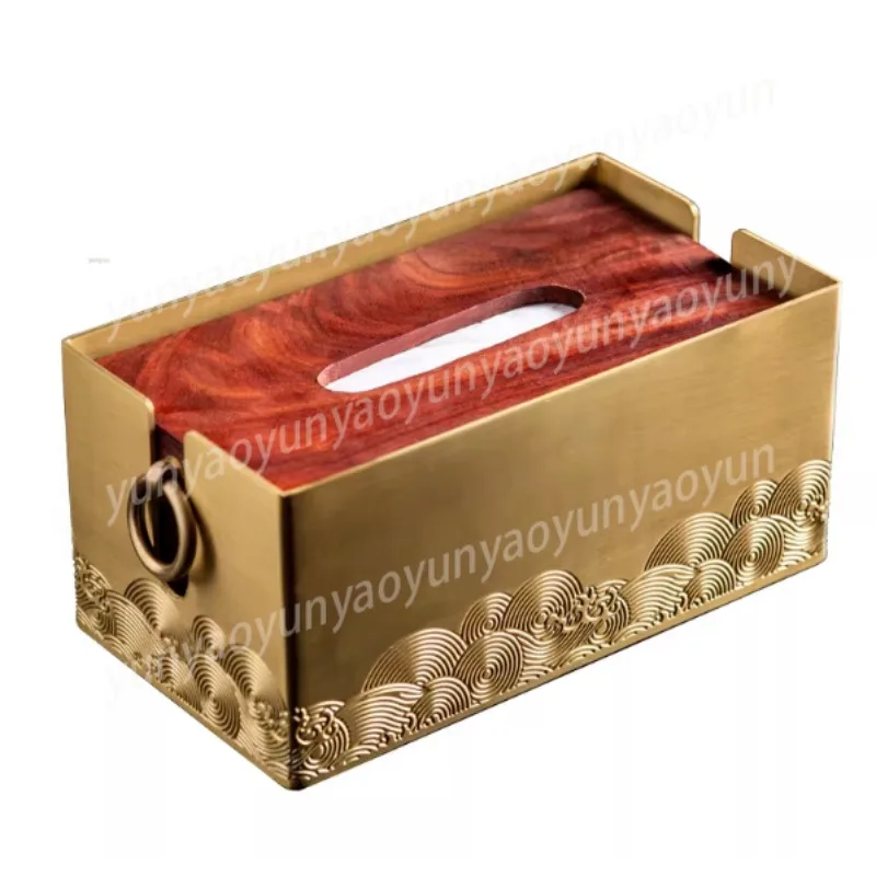 Antique Brass Tissue Box Mahogany Base Non-Tarnish Napkin Holder Chinese Style Desktop Storage Home Table Decor Organizer
