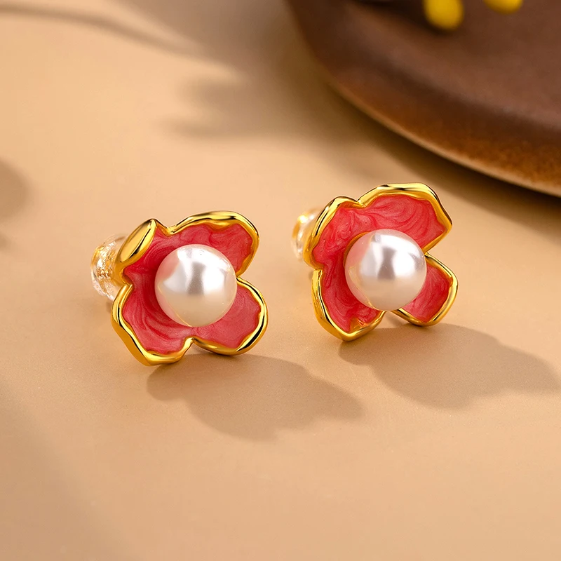 2024 New original high-quality 14k gold and red petal pearl earrings, suitable for women's anniversary fashion jewelry