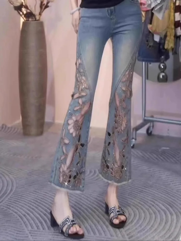 

Летние тонкие джинсы с вышивкой и ажурными вставками, свободные, стройнящие, универсальные, синие, длиной до щиколотки, расклешенные, женские, повседневные, с высокой талией, широкие...