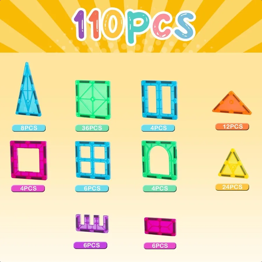 FNJO กระเบื้องแม่เหล็ก 110PCS ชุดแม่เหล็กบล็อกอาคารแม่เหล็กการก่อสร้าง STEM การเรียนรู้และเล่นของเล่นสําหรับ Montori
