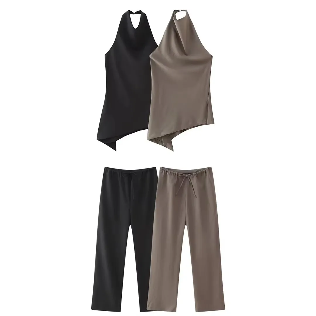 HH Damen Sommer-Satin-Set mit asymmetrischem Saum, Crop-Top und weit geschnittener Hose mit Kordelzug, lässige Loungewear, Urlaubsoutfit – Detail 3