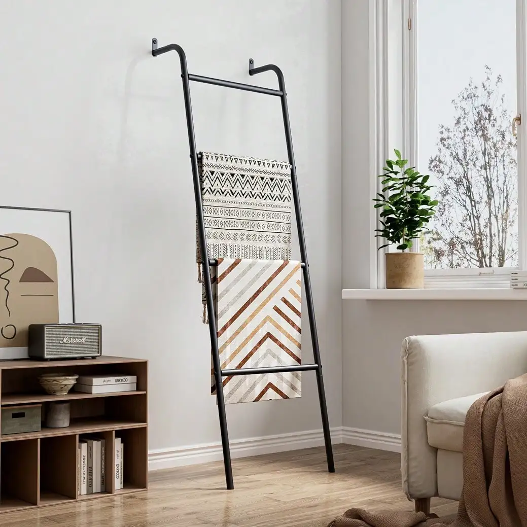 4-Layer Metal Blanket Ladder Wall-Leaning Towel Rack Livingroom Bathroom Decor