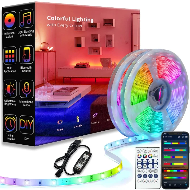 LED Strip 1 m-30 m RGBIC WS2812b Bluetooth App Controle Chasing Effect Lichten Flexibele Tape Diode Lint TV BackLight Kamer Versieren