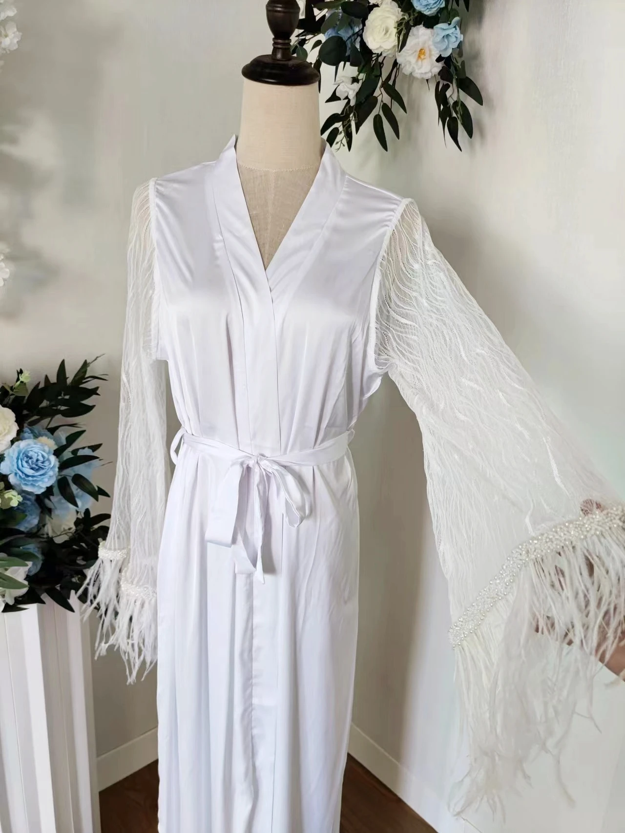 Long Bridal Robe with Lace Maxi Robe with Feather Wedding Kimono Luxury Robe Floor Length, Sleeves Beads Shawl Collar Bridal