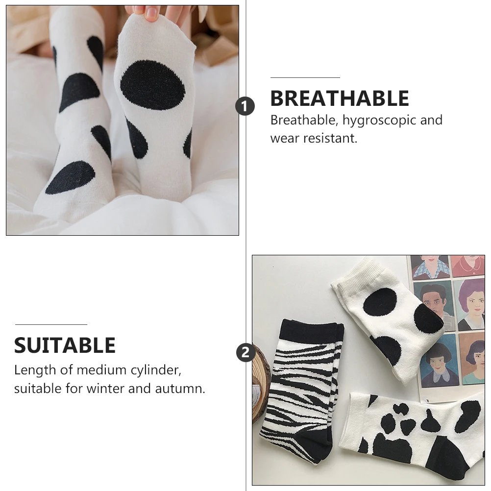 

3 пары хлопковых носков длиной до середины икры, теплые чулки с коровьим принтом для девочек, осенне-зимние модные чулки в японском стиле с мультяшным узором