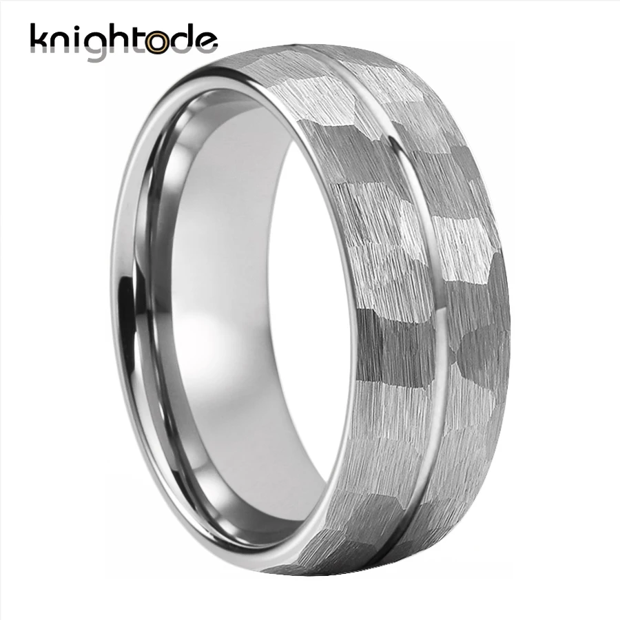 

8mm Multi-Faceted Hammered Silvery Tungsten Wedding Band For Men Women Engagement Rings Center Groove Dome Brushed Comfort Fit