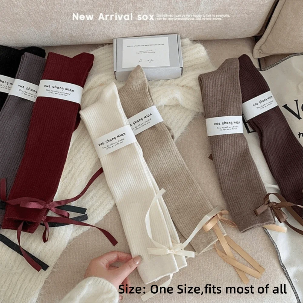 New Solid Color Lolita Bow ribbon Socks Thicken Winter Warm Knitted Leg Warmers Breathable Knee High Boot Stockings
