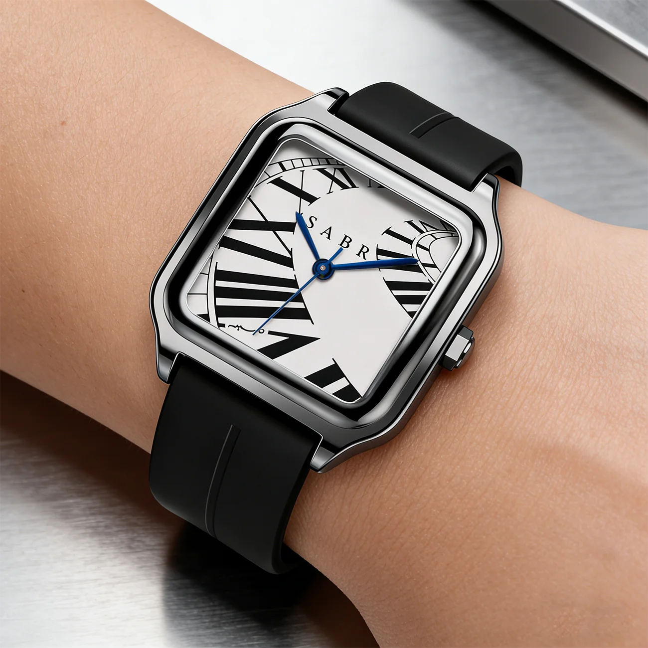 SABR Square Stainless Steel Alloy Quartz Watch 3ATM Waterproof Silicone Strap Roman Numerals Quartz Watch Men's Watch