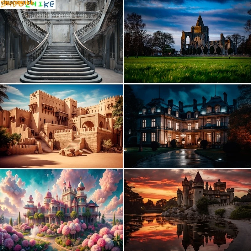 

Beautiful Castle Architecture Staircase Photography Backdrops Medieval Fantasy Hallway Bookshop Cathedral Photo Background CT-02
