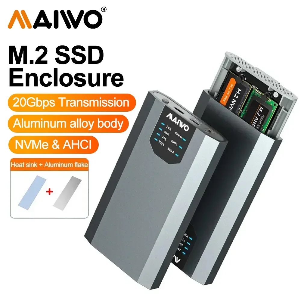 MAIWO Dual Bay M.2 NVMe SSD Case 20Gbps Clone Aluminum M2 nvme SSD Enclosure Support AHCI/NVMe Protocol With Cooling Vest case