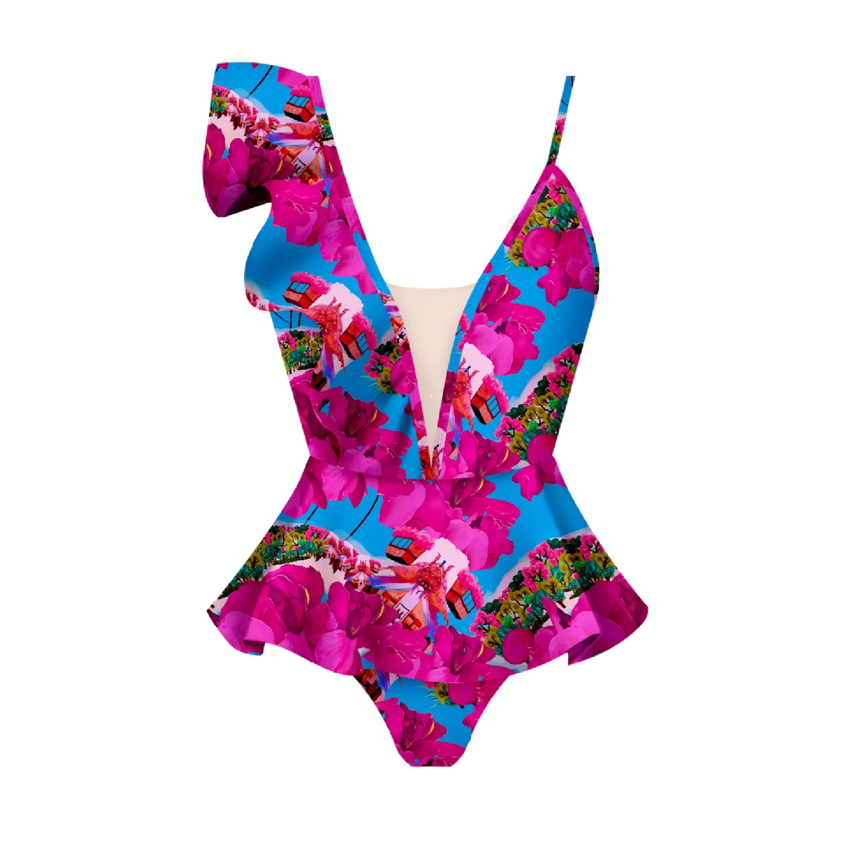 One Shoulder Ruffle Swimsuit With Cover Up Sexy Deep V Swimwear Women Floral Bikini Flat Belly Swimsuits Black Bathsuit Bodysuit