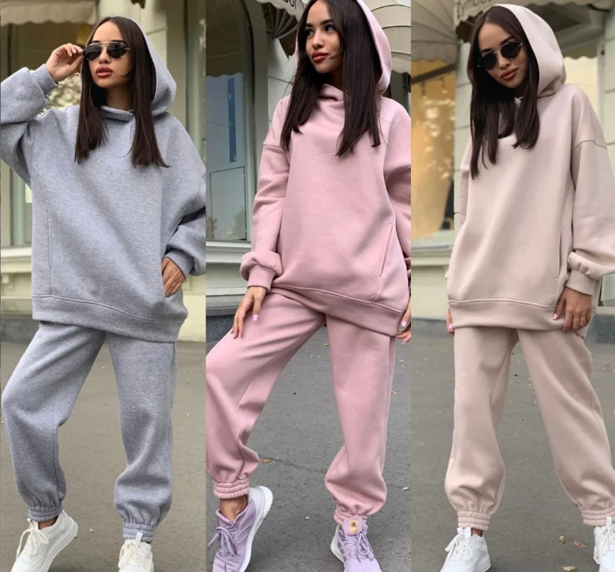 

Autumn and winter new fashion solid color hooded sweater casual two-piece suit