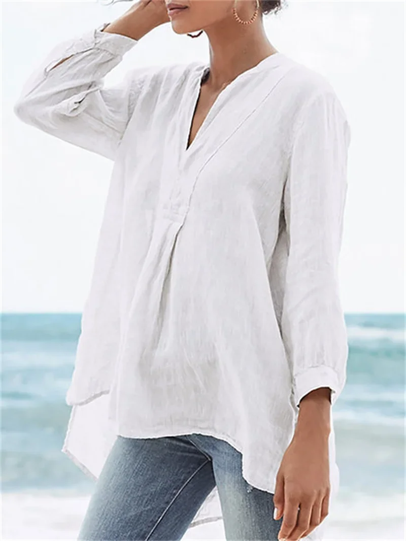 Simple Style Solid Color Loose V Neck Pullover Shirt Women Spring Autumn Comfortable Casual Blouse Female Long Sleeve Tops 2024