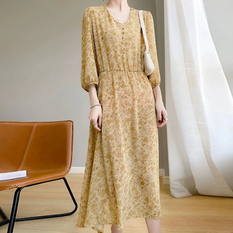 Ele Acétate Satin Dr Femme Été 2025 Nouvelle jupe mi-longue amincissante à la taille avec décolleté en V confortable longue Sve Floral...