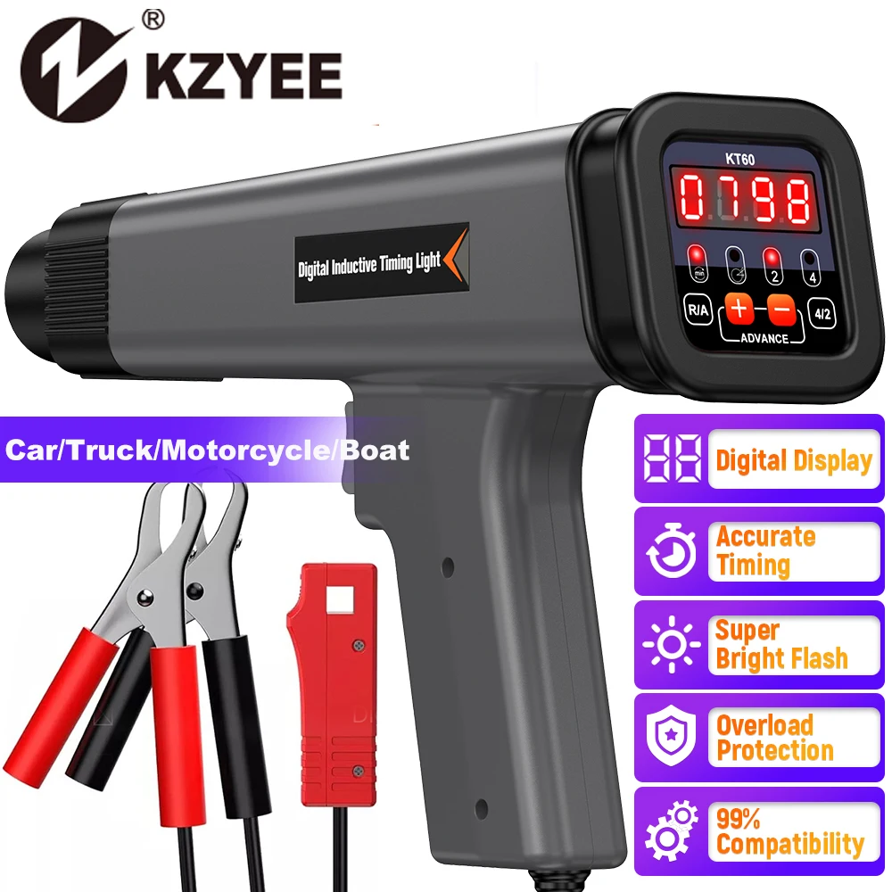 KZYEE KT60 Auto Digital 2&4 Stroke Petrol Engine Timing Light 12V Car Ignition Timing Light Inductive Strobe Lamp Detector