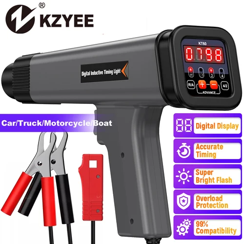 KZYEE KT60 Auto Digital 2 y 4 tiempos luz de sincronización del motor de gasolina 12V luz de sincronización de encendido del coche Detector de lámpara estroboscópica inductiva
