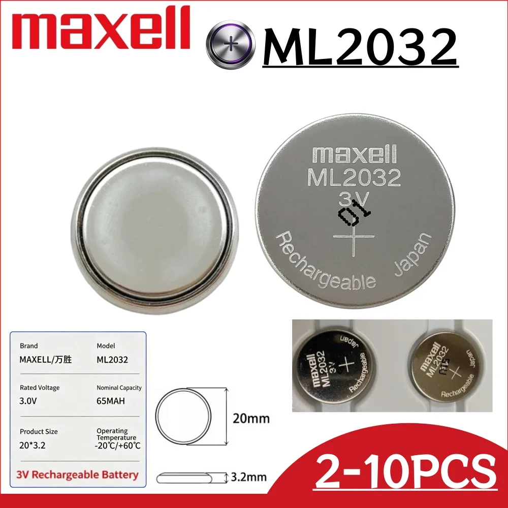 2-10Pcs MaxeII ML2032 3V Lithium Rechargeable Battery for Remote Control Motherboard Clock Toy CR2032 DL2032 ECR2032
