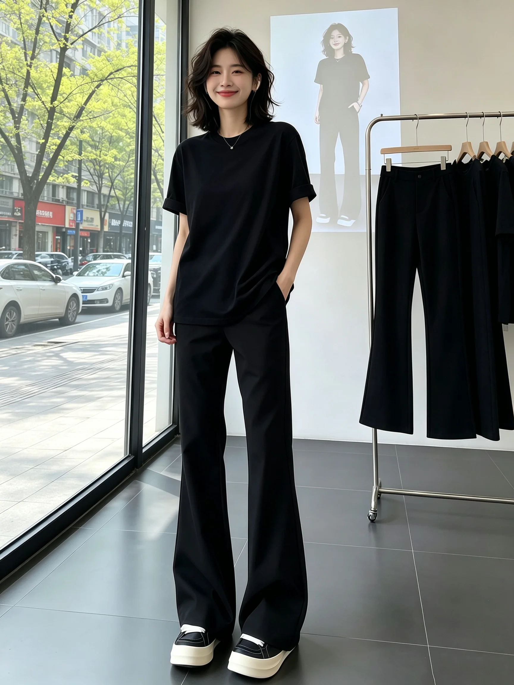 Black Slim Fit Micro Flared Men's Ice Silk Pants High Waist Straight Leg Casual Suit Trousers Fashionable Trendy Brand