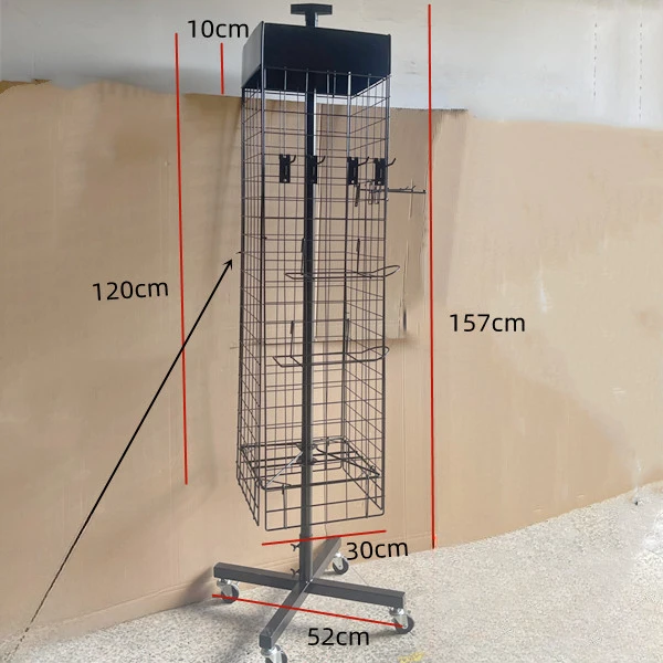 Wire mesh display rack with movable and rotating accessories, storage of socks and gloves on all sides