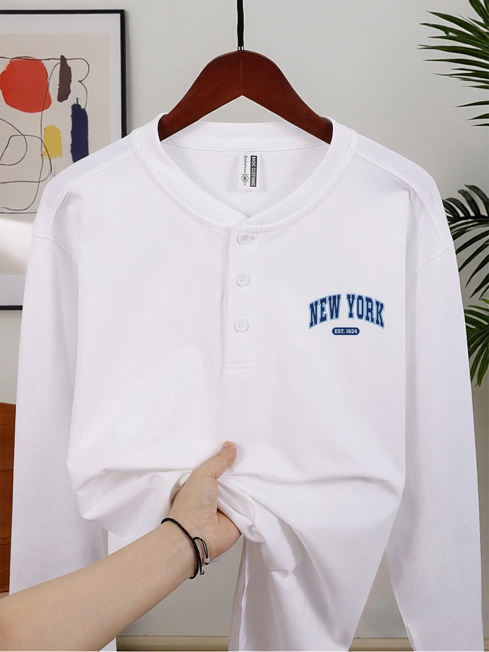 نيويورك الولايات المتحدة الأمريكية Est.1624 مطبوعة رجل هينلي قميص القطن الخريف الدافئة تي شيرت بأكمام طويلة تنفس الملابس الداخلية الأساسية الذكور