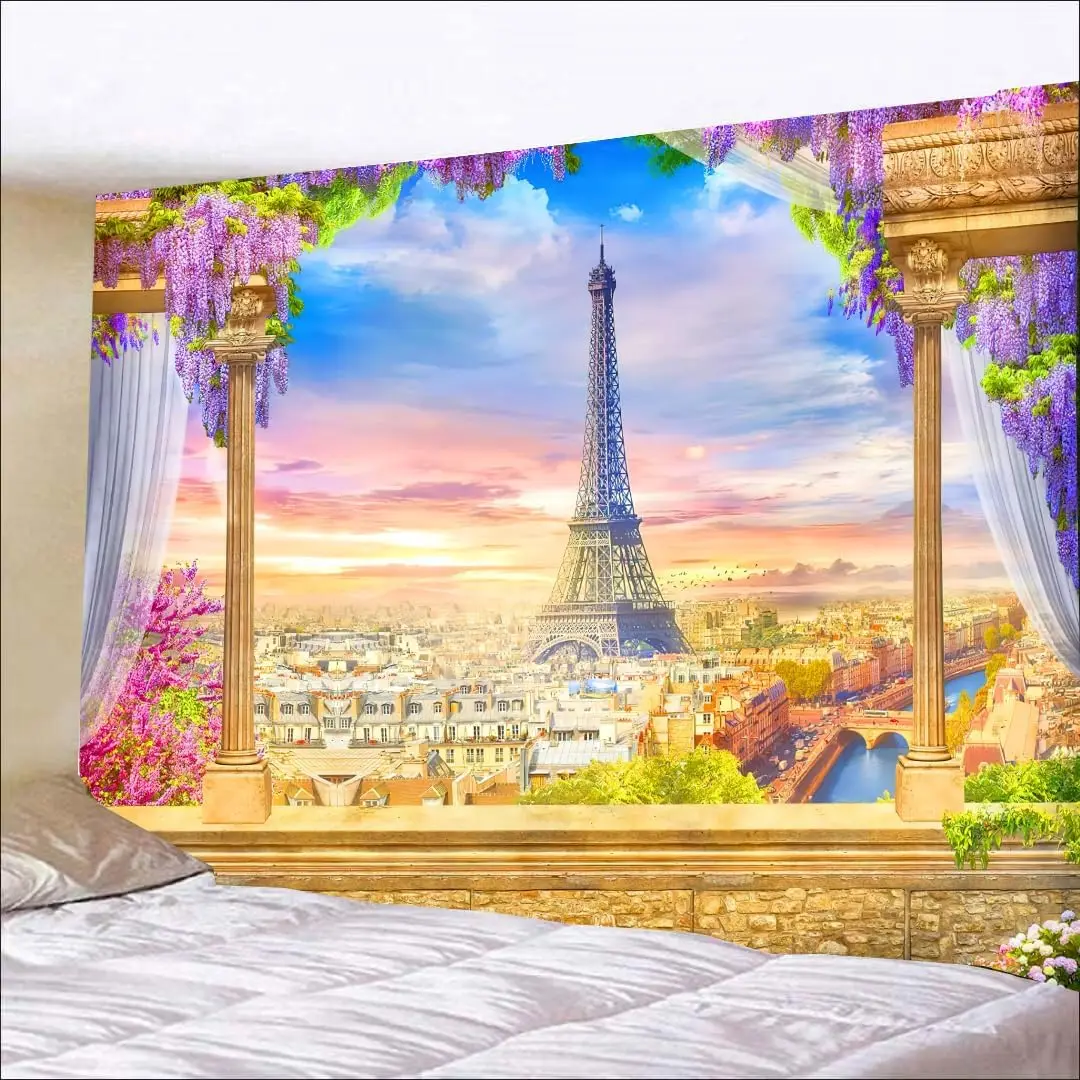 Eiffel Tower Tapestry – Paris Balcony Sunset & Cityscape Wall Art for Living Room, Bedroom or Dorm Decor