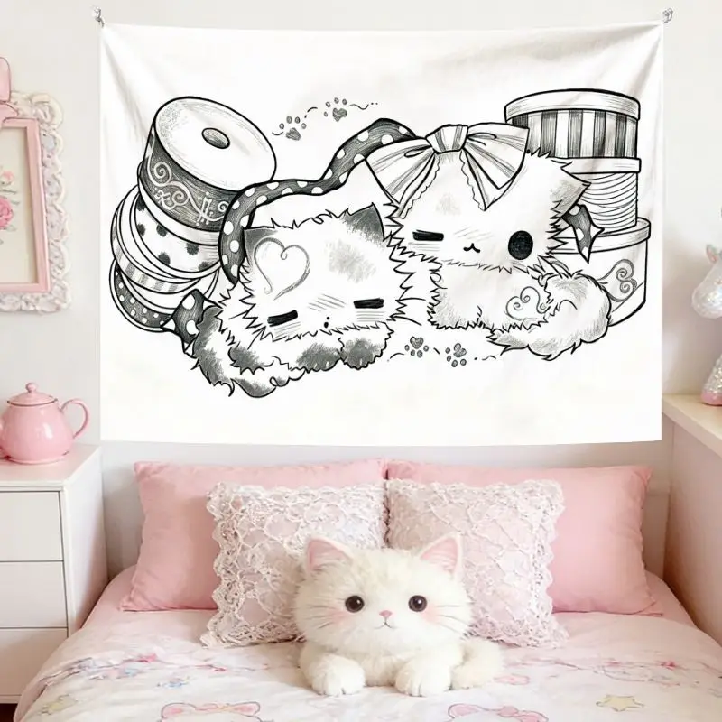VIKAMA Cute White Cats Line Art Horizontal Tapestry Wall Hanging for Bedroom Living Room Cozy Aesthetic Modern Home Decor