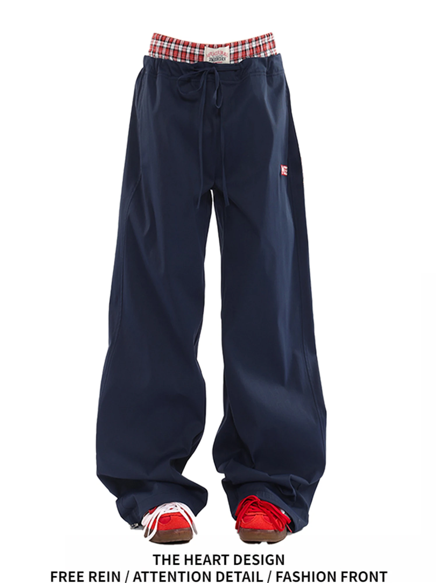 Women's Y2K Baggy Wide Leg Pants Streetwear Casual Drawstring Trousers with Plaid Waist Contrast Detail Loose Sweatpants