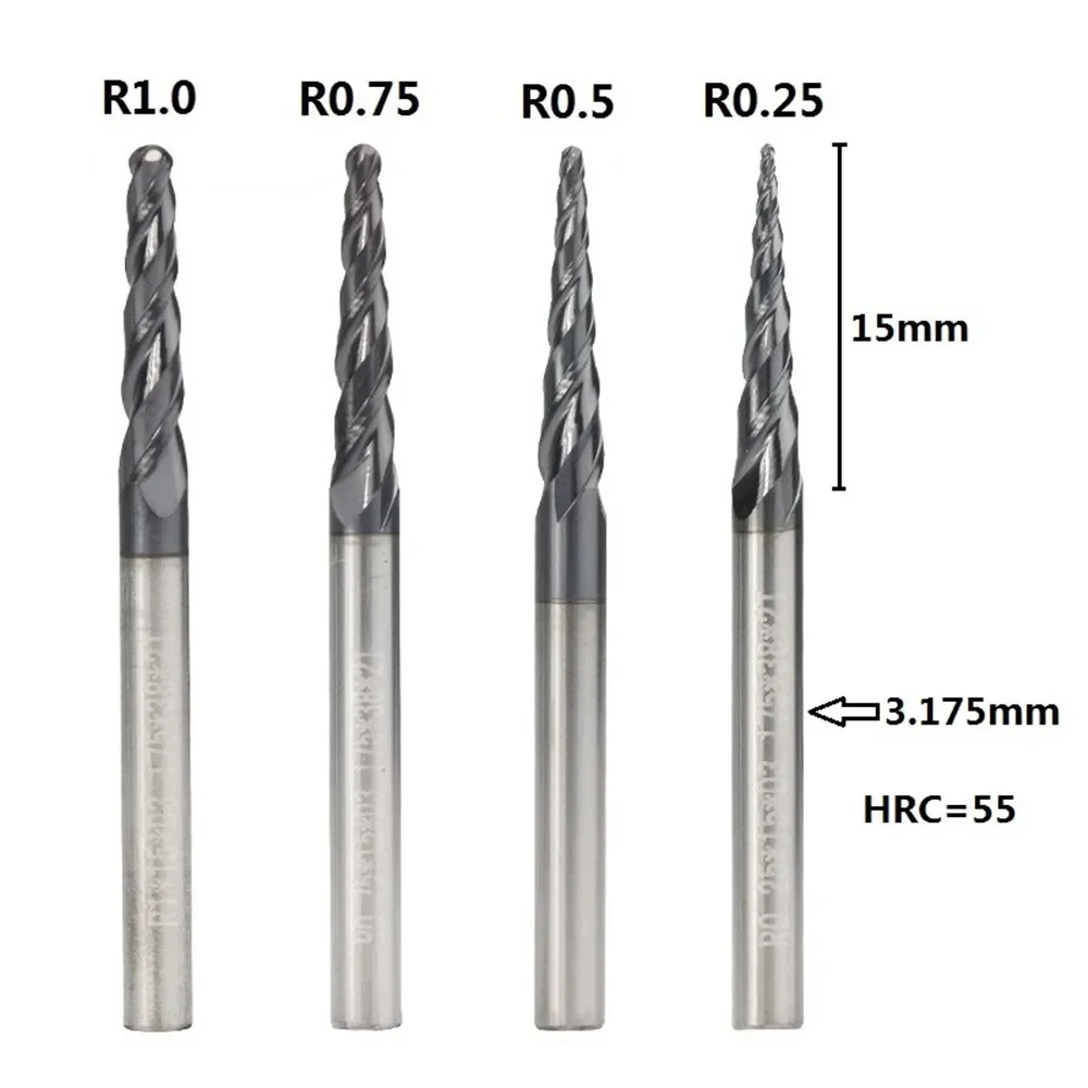 tapered ball nose end mill 4 pcs r0.25 r0.5 r0.75 r1.0 carbide   cnc engraving bit set