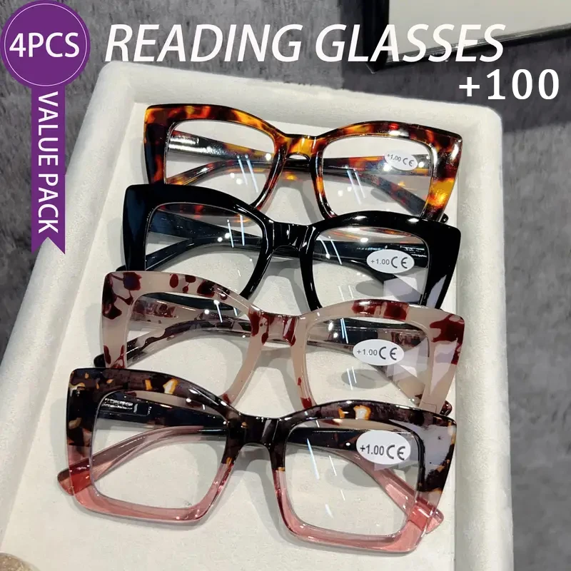 4-Piece Set of Fashionable Tortoiseshell Frame Presbyopia Reading Glasses, Lightweight Presbyopia Reading Glasses for Middle-Age