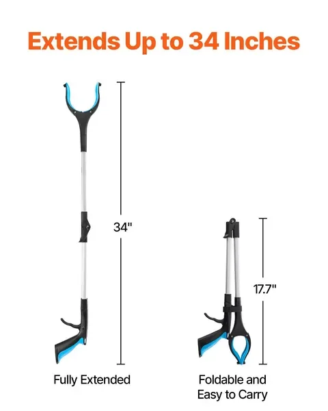 34' Foldable Reacher Tool, 2-Pack with 360° Rotating Jaw & Magnets