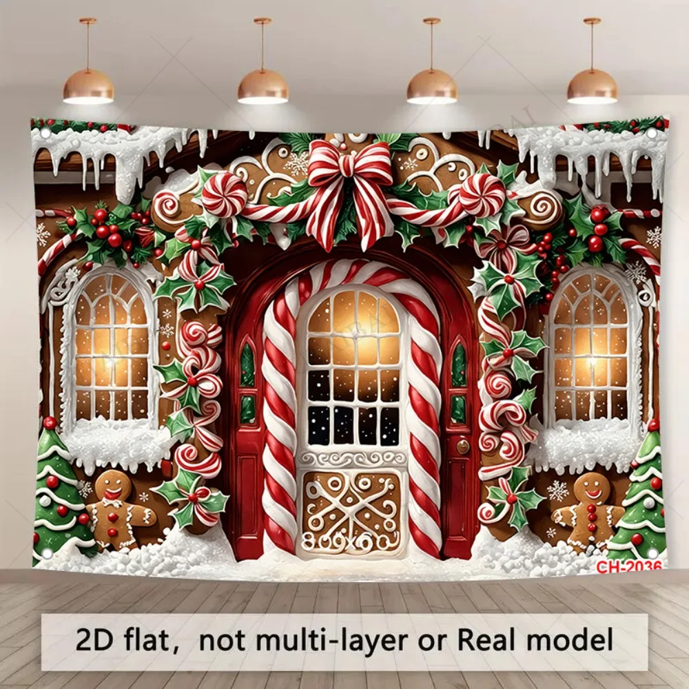 

2D flat, 1 festive winter Christmas gingerbread house scene banner - polyester, with red and white striped candy sticks