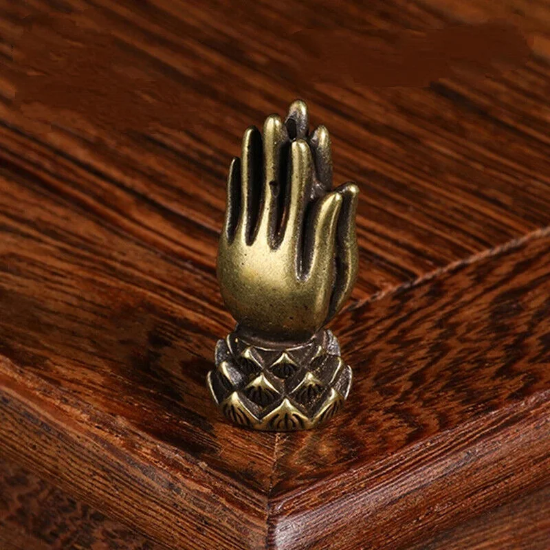Vintage Solid Brass Praying Buddha Hand Figurine Lotus Base Buddhist Mini Statue Desktop Zen Collectible Ornament
