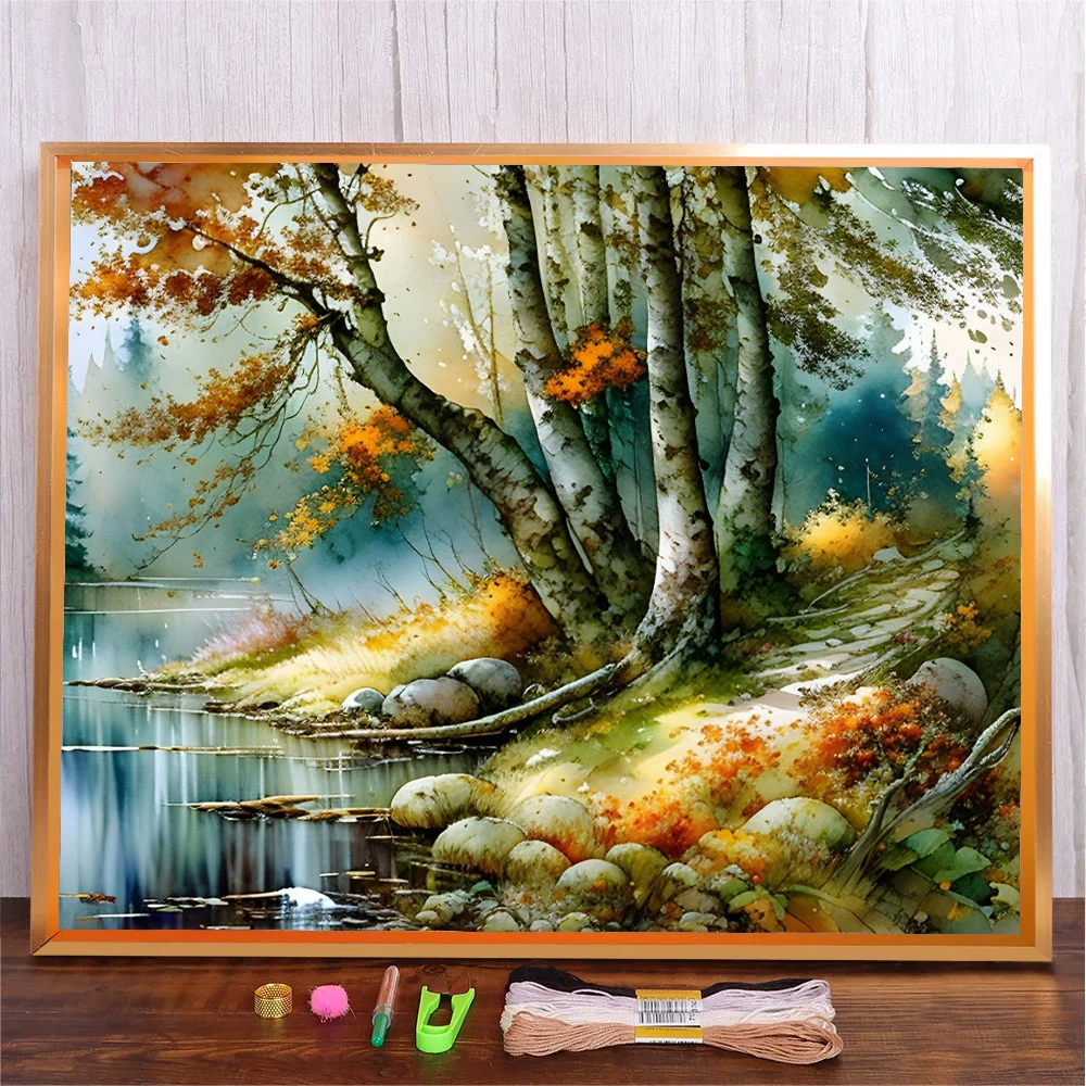 Landscape Pattern Embroidery Fabric Needlework Diy Printed Cross Stitch Color Cotton Thread Canvas Scenery Child Craft Gift