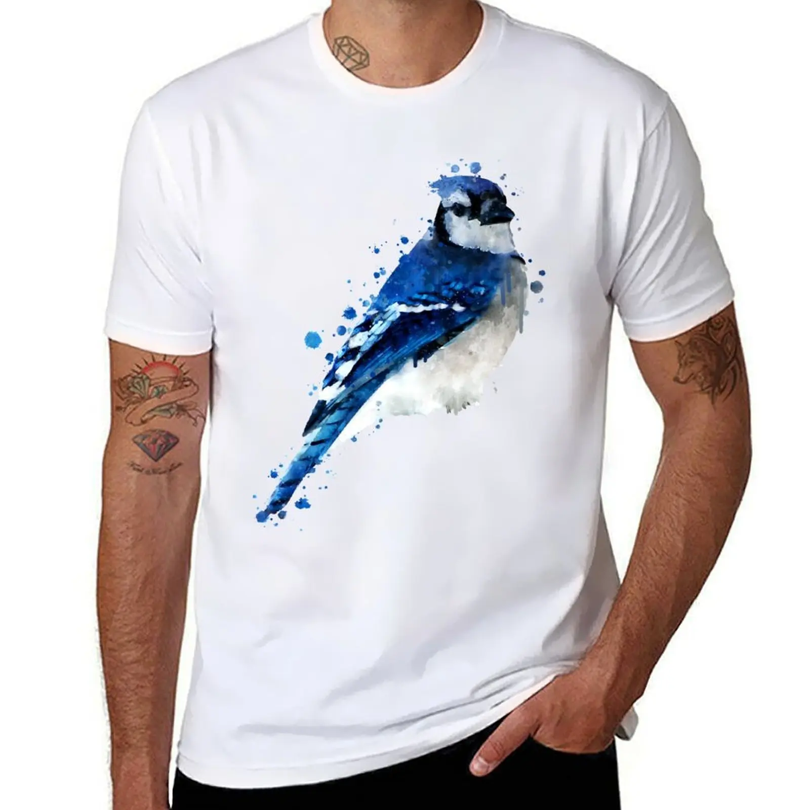 

Dramabite Watercolor blue jay bird T-Shirt mens graphic t shirts t shirt for man 100 percent cotton T-Shirt