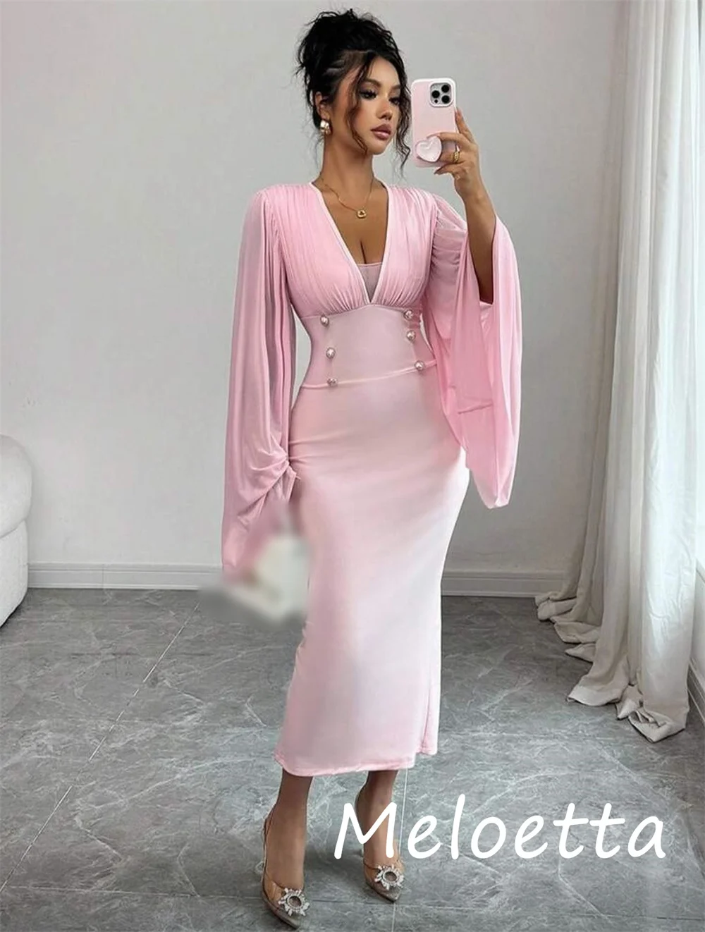 Customized Classic Exquisite Jersey Pearl Pleat Straight V-neck Midi Dresses Bespoke Occasion Exquisite