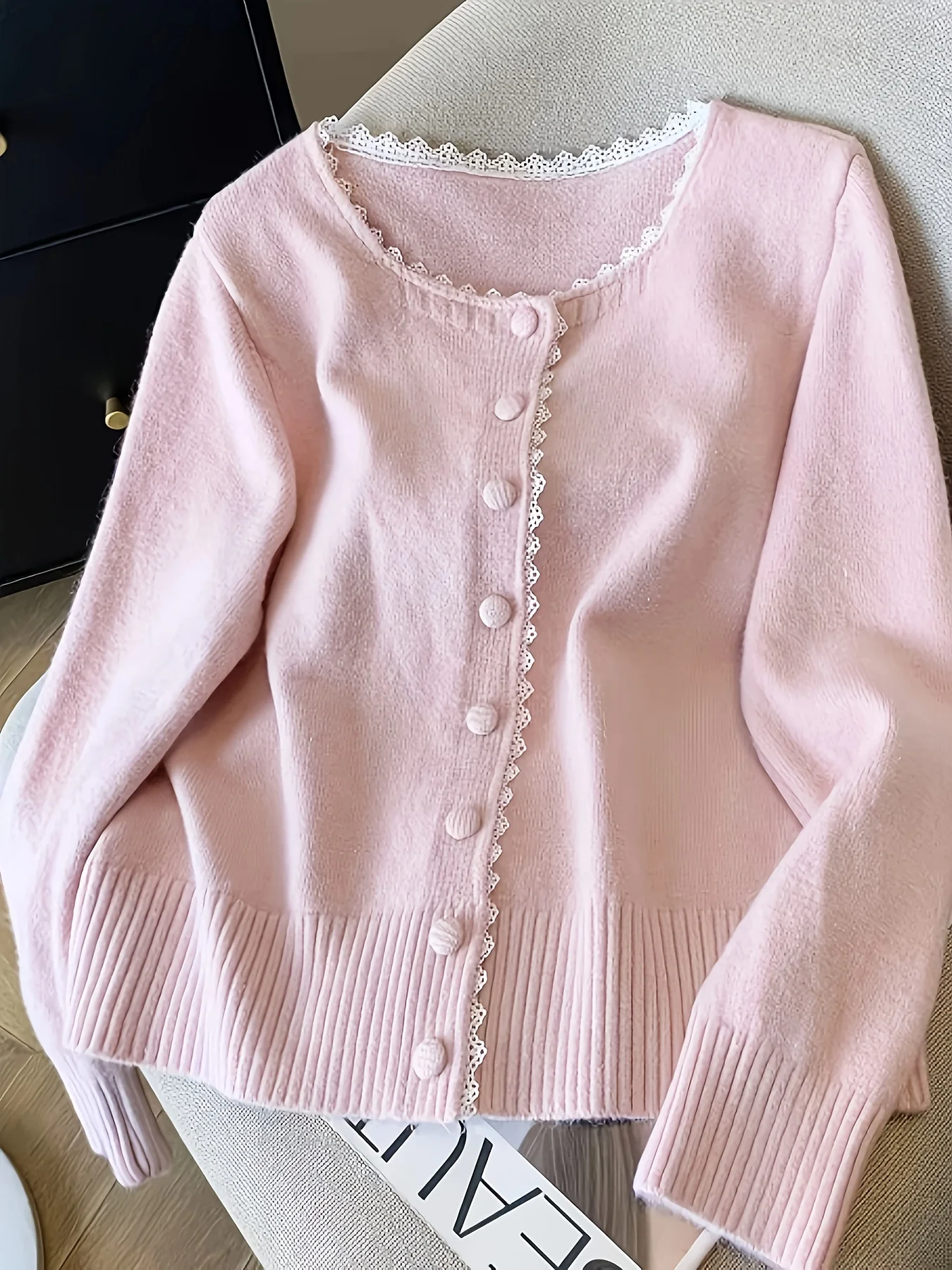 Spring Lace Trim Knit Cardigan Women Sweet Gentle Short Top