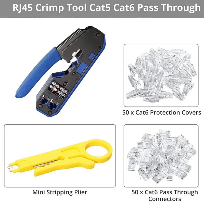 RJ45 Crimp Tool Set All-In-One Stripper Cutter With 50 PC CAT6 Pass Through Connectors 50 PC RJ45 Cat6 Protection Covers