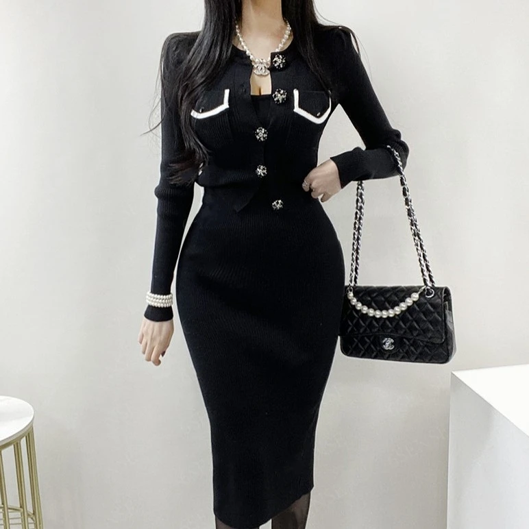 Chic France Vintage Women Knitted 2 Piece Set Fall Winter Solid Diamonds Button Cardigan Sweater + High Waist Bodycon Midi Skirt