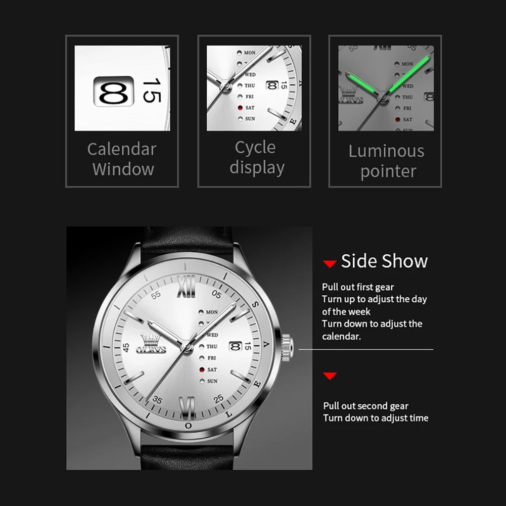 OLEVS Men\'s Watches Minimalist Fashionable Original Quartz Watch for Man Comfortable Leather Strap Waterproof Luminous Date Week