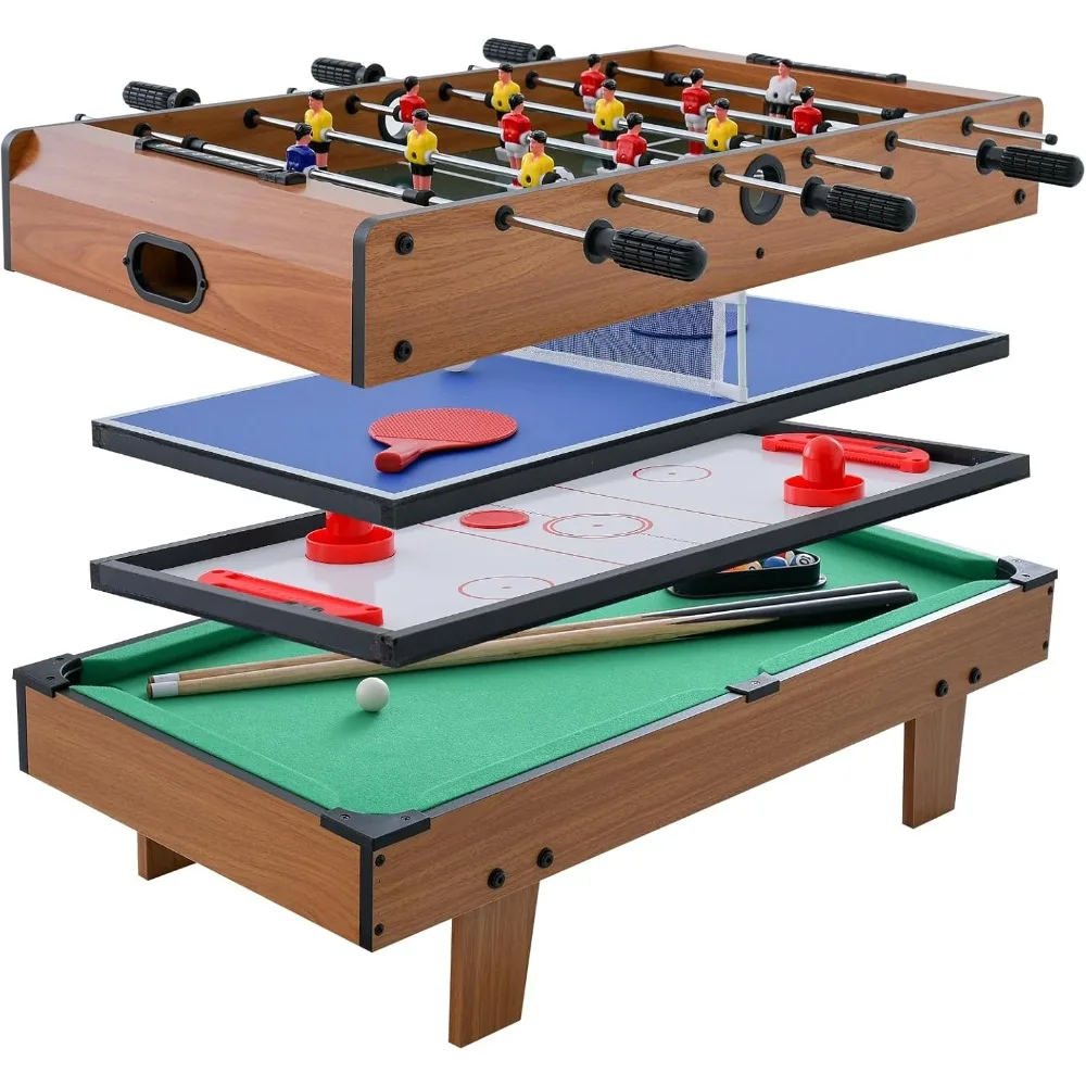 Mesa de jogo combinada 4 em 1, com futebol, hóquei, bilhar, tênis de mesa, perfeita para sala de jogos, noite familiar, matraquilhos de madeira