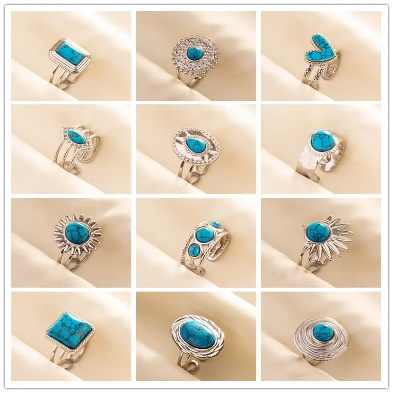 Vintage Blue Stone Opening Adjustable Heart Dripping Sun Rings Stainless Steel Ring For Men Women Decorate Hand Jewelry Anillos