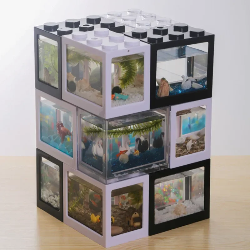 Mini Aquarium Fish Tank Creative Box Tank Stacked With Building Blocks Ecological Tank Bucket Seaweed Reptile Row Tank