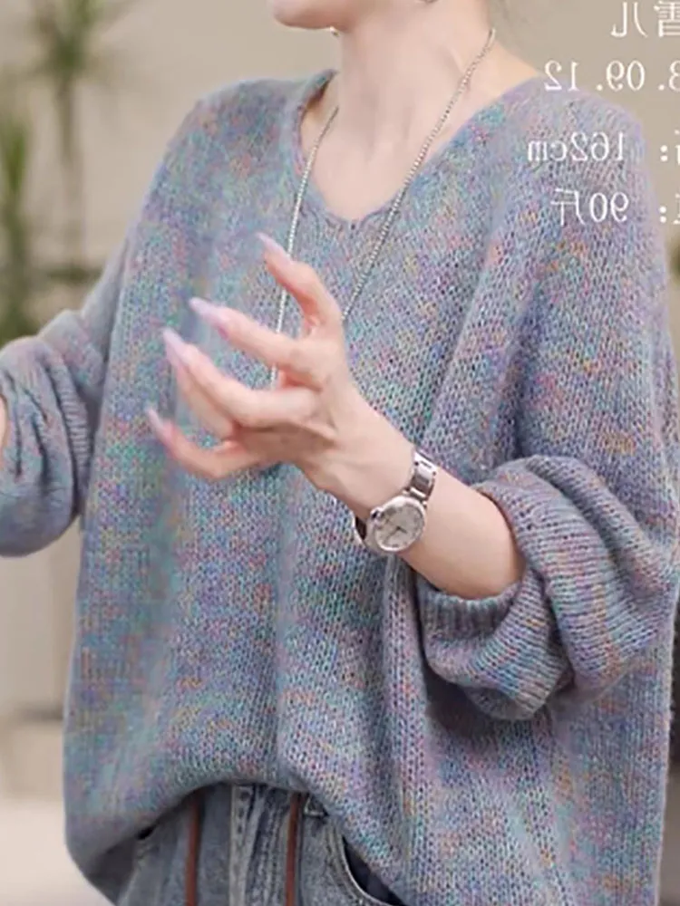 سترة كورية Sle Lazy Faion سترة محبوكة شبابية طويلة Sve غير رسمية فضفاضة على شكل حرف V ملابس تريكو نسائية #3