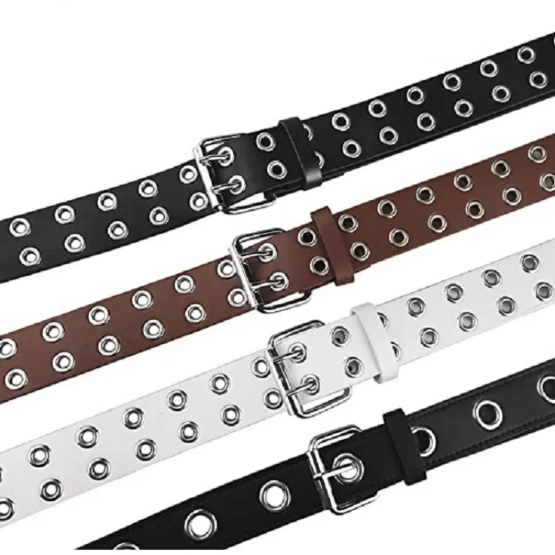 

1pc Fashion Women Punk Chain Belt Adjustable Black DoubleSingle Eyelet Grommet Metal Buckle Leather Men Waistband For Jeans